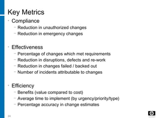 24
Key Metrics
• Compliance
− Reduction in unauthorized changes
− Reduction in emergency changes
• Effectiveness
− Percentage of changes which met requirements
− Reduction in disruptions, defects and re-work
− Reduction in changes failed / backed out
− Number of incidents attributable to changes
• Efficiency
− Benefits (value compared to cost)
− Average time to implement (by urgency/priority/type)
− Percentage accuracy in change estimates
 