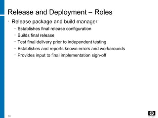50
Release and Deployment – Roles
• Release package and build manager
− Establishes final release configuration
− Builds final release
− Test final delivery prior to independent testing
− Establishes and reports known errors and workarounds
− Provides input to final implementation sign-off
 