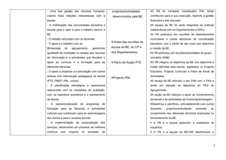 - Uma boa gestão dos recursos humanos,                projectos/actividades     O PB foi nomeado coordenador PNL tendo
criando boas relações interpessoais com a             desenvolvidos pela BE.    contribuído para a sua execução, fazendo a gestão
equipa.                                                                         financeira e dos recursos.
- A mobilização das comunidades educativa e                                     A equipa da BE foi parte integrante de práticas
escolar para o valor e para o trabalho da/com a                                 colaborativas com os Departamentos e NACs.
BE.                                                                             A PB participou em reuniões de departamentos
- O trabalho articulado com os docentes.                                        curriculares e outras estruturas de coordenação
                                                       Actas das reuniões da
- O apoio e o trabalho com as                                                   educativa, com o intuito de dar corpo aos objectivos
BE/escolas      do       agrupamento,    garantindo   equipa da BE, do CP e     e missão da BE.
igualdade de condições no acesso aos recursos         dos Departamentos.        A PB participou em reuniões/actividades do grupo
de informação e a actividades que facultem o                                    concelhio SABE.
apoio ao currículo e a formação para as                Plano de Acção PTE      O PB integrou os objectivos da BE nos objectivos e
diferentes literacias.                                                          metas definidas pela escola, registados no Projecto
- O apoio a projectos e a articulação com outros                                Educativo, Projecto Curricular e Plano de Anual de
actores com intervenção pedagógica na escola                                    Actividades.
                                                      Projecto PNL
(PTE, PNEP, PNL, outros).                                                       A equipa da BE articulou o seu PAA com o PAA e
- A planificação estratégica e operacional                                      tendo em atenção os objectivos do PEA do
relacionada com os resultados da avaliação,                                     Agrupamento.
com os objectivos prioritários e o planeamento                                  A acção da BE reforçou o apoio ao funcionamento
da escola.                                                                      da escola e às actividades de Ensino/aprendizagem.
-   A   operacionalização      de    programas   de                             Desenhou e planificou, articuladamente com outros
formação para as literacias e actividades                                       docentes,      projectos/actividades   inerentes   ao
culturais que contribuam para as aprendizagens                                  cumprimento dos diferentes domínios implicados no
dos alunos e para o sucesso escolar.                                            funcionamento da BE.
- A implementação da autoavaliação dos                                           O PB e a equipa aplicaram e analisaram os
serviços, introduzindo um processo de melhoria                                  inquéritos.
contínua     com     impacto    no    processo   de                              O PB e a equipa da BECRE Identificaram e



                                                                                                                                     2
 
