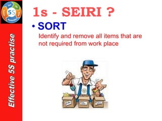 1s - SEIRI ?
• SORT
Identify and remove all items that are
not required from work place
 