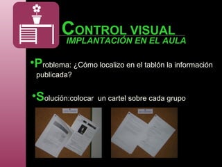 CONTROL VISUAL
•Problema: ¿Cómo localizo en el tablón la información
publicada?
•Solución:colocar un cartel sobre cada grupo
IMPLANTACIÓN EN EL AULA
 