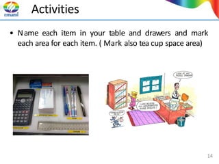 Activities
• Name each item in your table and drawers and mark
each area for each item. ( Mark also tea cup space area)
14
 