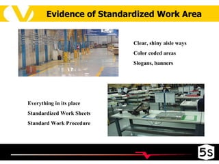 Evidence of Standardized Work Area Clear, shiny aisle ways Color coded areas Slogans, banners Everything in its place Standardized Work Sheets Standard Work Procedure 