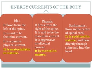 ENERGY CURRENTS OF THE BODY
 Ida :
 It flows from the
left of the spine.
 It is said to be
feminine current.
 It is a passive
physical current.
 It is materialistic
in nature.
Pingala:
It flows from the
right of the spine.
It is said to be the
masculine current.
It is aggrassive
intellectual
current.
It is mental in
nature.
Sushumana :
flows in the centre
of spinal cord.
It is spiritual in
nature, and flow
directly through
spine and into the
head.
 