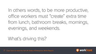 In other words, to be more productive, office workers must “create” extra time from lunch,
bathroom breaks, mornings, evenings, and weekends.
What’s driving this?
 
