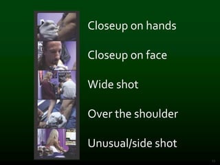 23
Closeup on hands
Closeup on face
Wide shot
Over the shoulder
Unusual/side shot
 