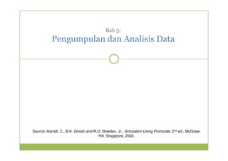 Bab 5: 
Pengumpulan dan Analisis Data 
Source: Harrell, C., B.K. Ghosh and R.O. Bowden, Jr., Simulation Using Promodel, 2nd ed., McGraw- 
Hill, Singapore, 2003. 
 