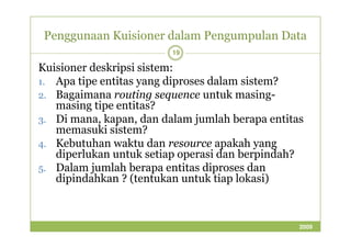 Penggunaan Kuisioner dalam Pengumpulan Data 
19 
Kuisioner deskripsi sistem: 
1. Apa tipe entitas yang diproses dalam sistem? 
2. Bagaimana routing sequence untuk masing- 
masing tipe entitas? 
3. Di mana, kapan, dan dalam jumlah berapa entitas 
memasuki sistem? 
4. Kebutuhan waktu dan resource apakah yang 
diperlukan untuk setiap operasi dan berpindah? 
5. Dalam jumlah berapa entitas diproses dan 
dipindahkan ? (tentukan untuk tiap lokasi) 
2009 
 