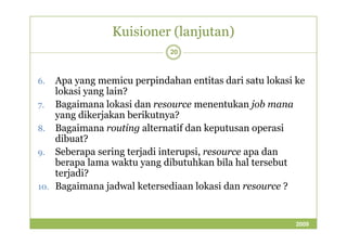 Kuisioner (lanjutan) 
20 
6. Apa yang memicu perpindahan entitas dari satu lokasi ke 
lokasi yang lain? 
7. Bagaimana lokasi dan resource menentukan job mana 
yang dikerjakan berikutnya? 
Bagaimana routing alternatif 8. ddaann kkeeppuuttuussaann ooppeerraassii 
dibuat? 
9. Seberapa sering terjadi interupsi, resource apa dan 
berapa lama waktu yang dibutuhkan bila hal tersebut 
terjadi? 
10. Bagaimana jadwal ketersediaan lokasi dan resource ? 
2009 
 