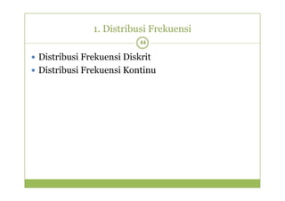 1. Distribusi Frekuensi 
44 
 Distribusi Frekuensi Diskrit 
 Distribusi Frekuensi Kontinu 
 