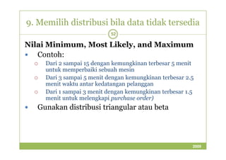9. Memilih distribusi bila data tidak tersedia 
52 
Nilai Minimum, Most Likely, and Maximum 
 Contoh: 
 Dari 2 sampai 15 dengan kemungkinan terbesar 5 menit 
untuk memperbaiki sebuah mesin 
 Dari 3 sampai 5 menit dengan kemungkinan tteerrbbeessaarr 22..55 
menit waktu antar kedatangan pelanggan 
 Dari 1 sampai 3 menit dengan kemungkinan terbesar 1.5 
menit untuk melengkapi purchase order) 
 Gunakan distribusi triangular atau beta 
2009 
 