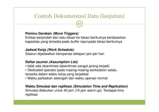 Contoh Dokumentasi Data (lanjutan) 
65 
Pemicu Gerakan (Move Triggers) 
Entitas berpindah dari satu lokasi ke lokasi berikutnya berdasarkan 
kapasitas yang tersedia pada buffer input pada lokasi berikutnya 
Jadwal Kerja (Work Schedule) 
Stasiun dijadwalkan beroperasi delapan jam per hari 
Daftar asumsi (Assumption List) 
• tidak ada downtimes (downtimes sangat jarang terjadi) 
• Dedicated operator pada masing-masing workstation selalu 
tersedia dalam waktu kerja yang terjadwal 
• Waktu perbaikan setengah dari waktu operasi normal 
Waktu Simulasi dan replikasi (Simulation Time and Replication) 
Simulasi dilakukan untuk 40 jam (10 jam warm-up). Terdapat lima 
replikasi 
