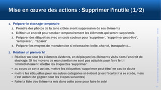 ©2017-2019Wevalgo.Allrightsreserved.Proprietaryandconfidential3-Oct-18
10
Mise en œuvre des actions : Supprimer l'inutile (1/2)
1. Préparer le stockage temporaire
1. Prendre des photos de la zone ciblée avant suppression de ses éléments
2. Définir un endroit pour stocker temporairement les éléments qui seront supprimés
3. Préparer des étiquettes avec un code couleur pour ‘supprimer’, ‘supprimer peut-être’,
‘remplacer’, ‘réparer’
4. Préparer les moyens de manutention si nécessaire: boite, chariot, transpalette…
2. Réaliser un premier tri
 Réaliser un pour les éléments évidents, en déplaçant les éléments visés dans l’endroit de
stockage. Si les moyens de manutention ne sont pas adaptés pour faire le tri
‘immédiatement’ mettre les étiquettes ‘supprimer’
 au cours de cette action, mettre les étiquettes ‘supprimer peut-être’ en cas de doute
 mettre les étiquettes pour les autres catégories si évident (c’est facultatif à se stade, mais
c’est autant de gagner pour les étapes suivantes)
 Faire la liste des éléments mis dans cette zone pour faire le suivi
 