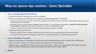 ©2017-2019Wevalgo.Allrightsreserved.Proprietaryandconfidential3-Oct-18
14
Mise en œuvre des actions : (faire) Scintiller
1. Faire un nettoyage approfondi de référence
 Prendre une photo de chaque zone avant le nettoyage
 Définir les instructions de nettoyage et d’inspection en même temps que le nettoyage:
 Instructions de nettoyage: fréquences, moyens de nettoyage, personnes qui nettoient et instructions spécifiques lorsque nécessaire
(démontage, mise en sécurité…)
 Inspection: Dans les environnements industriels (usine, entrepôt…) ou techniques (ex: laboratoire), l’inspection est la plus grande
valeur ajoutée du nettoyage car elle aide à prévenir les pannes ou les incidents de travail
 Le faire en même temps permettra de tester les instructions dès le prochain nettoyage
 Prendre des photos de référence
 Photos du résultat ET des anomalies (si observées) pour chaque zone avec des détails pour les éléments critiques.
 Les ajouter aux instructions de nettoyage et d’inspection ou aux autres procédures (ex. maintenance autonome)
2. Tester le nettoyage et l’inspection
 Revoir les instructions de nettoyage et d’inspection avec les responsables de zone et ajuster les si nécessaires
 Définir et mettre en place des moyens de suivi pour obtenir l’avis des utilisateurs
 Réaliser le test, si possible en même temps que celui de l’étape « Situer » afin de mutualiser les moyens de suivi et
réduire la durée totale du pilote, sauf si cela retarde de trop le test de l’étape « Situer »
3. Ajuster
 