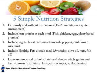5 Simple Nutrition Strategies 
1. Eat slowly and without distractions (15-20 minutes in a quite 
environment) 
2. Include lean protein at each meal (Fish, chicken, eggs, plant-based 
proteins) 
3. Include vegetables at each meal (broccoli, peppers, cauliflower, 
zucchini) 
4. Include Healthy Fats at each meal (Avocados, olive oil, nuts, fish 
oil) 
5. Decrease processed carbohydrates and choose whole grains and 
fruits (brown rice, quinoa, farro, oats, oranges, apples, berries) 
