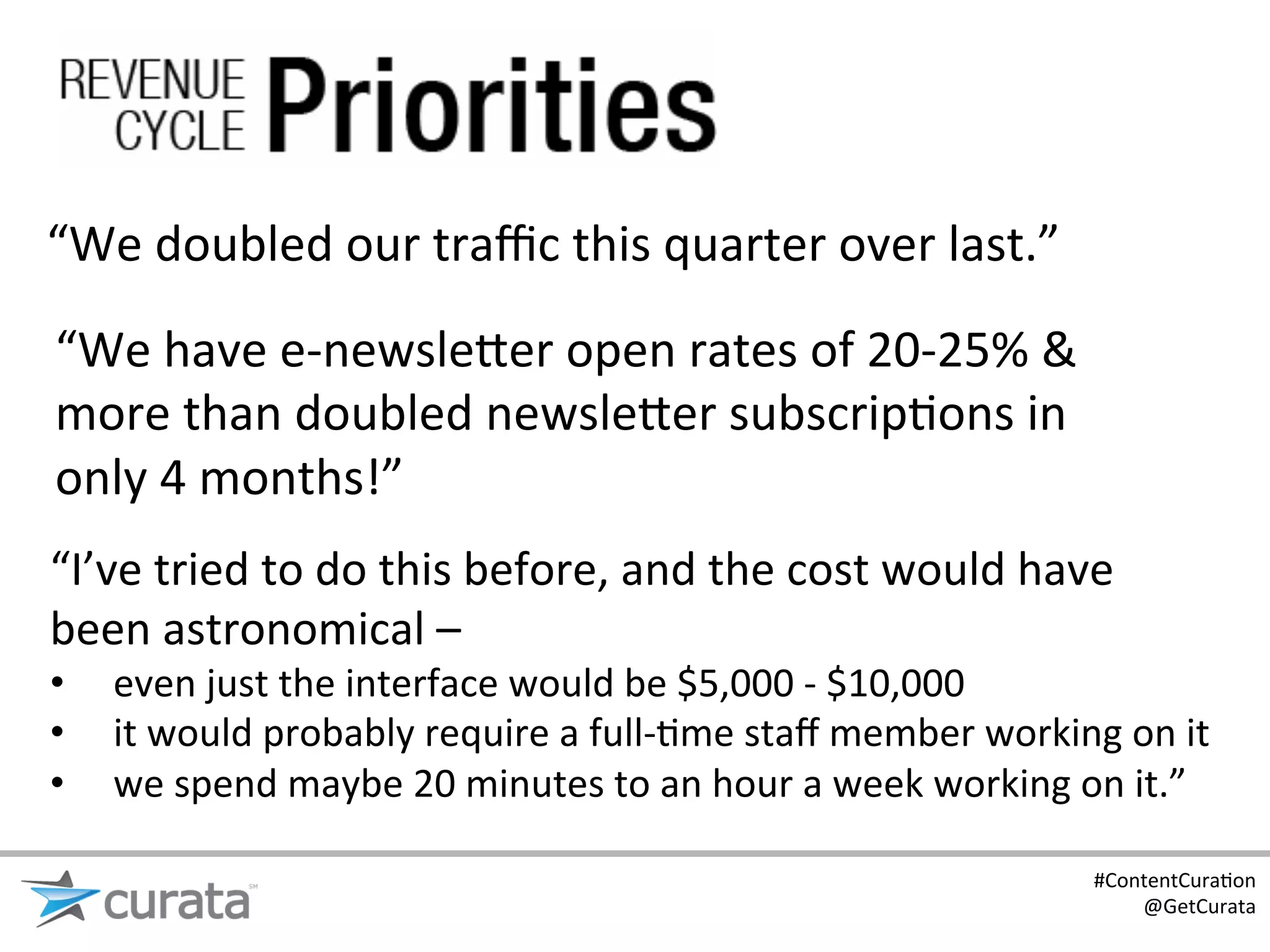 “We	
  doubled	
  our	
  traﬃc	
  this	
  quarter	
  over	
  last.”	
  
“We	
  have	
  e-­‐newsle?er	
  open	
  rates	
  of	
  20-­‐25%	
  &	
  
more	
  than	
  doubled	
  newsle?er	
  subscrip:ons	
  in	
  
only	
  4	
  months!”	
  
“I’ve	
  tried	
  to	
  do	
  this	
  before,	
  and	
  the	
  cost	
  would	
  have	
  
been	
  astronomical	
  –	
  	
  
•    even	
  just	
  the	
  interface	
  would	
  be	
  $5,000	
  -­‐	
  $10,000	
  
•    it	
  would	
  probably	
  require	
  a	
  full-­‐:me	
  staﬀ	
  member	
  working	
  on	
  it	
  
•    we	
  spend	
  maybe	
  20	
  minutes	
  to	
  an	
  hour	
  a	
  week	
  working	
  on	
  it.”	
  

                                                                                            #ContentCura:on	
  
                                                                                                @GetCurata	
  
 