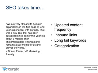 SEO takes time…


“We are very pleased to be listed
organically on the first page of ‘end
                                        •  Updated content
user experience’ with our site. That       frequency
was a key goal that has been
sustained since earlier this year (so   •  Inbound links
about 6 months after
implementation). This was and           •  Long tail keywords
remains a key metric for us and
proves the value.”
                                        •  Categorization
– Donna Parent, VP Marketing,
Aternity




                                                           #ContentCura:on	
  
                                                               @GetCurata	
  
 