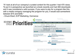 “If I look at all of our company’s curated content for this quarter I had 470 views.
To put it in perspective we launched an e-book recently and had 484 downloads
and it was considered a wild success. If you were to pay for a program like this,
with a media company managing the program for you, it would cost somewhere
between $15 and $20k.”
- Chuck Eberl, EVP Marketing, Connance




                                                                            #ContentCura:on	
  
                                                                                @GetCurata	
  
 
