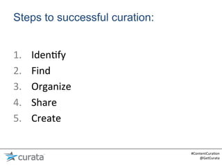 Steps to successful curation:


1.    Iden:fy	
  
2.    Find	
  
3.    Organize	
  
4.    Share	
  
5.    Create	
  


                                #ContentCura:on	
  
                                    @GetCurata	
  
 