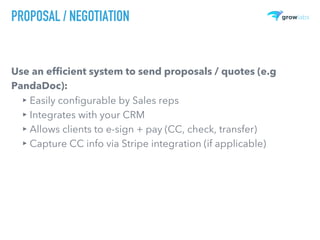PROPOSAL / NEGOTIATION
Use an efficient system to send proposals / quotes (e.g
PandaDoc):
▸ Easily configurable by Sales reps
▸ Integrates with your CRM
▸ Allows clients to e-sign + pay (CC, check, transfer)
▸ Capture CC info via Stripe integration (if applicable)
 