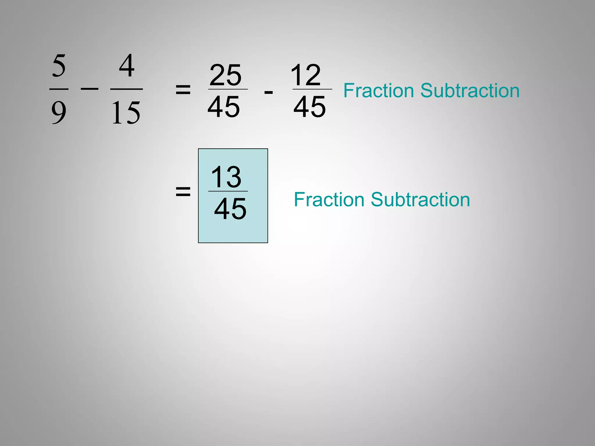 5   4   25 - 12
  −   =           Fraction Subtraction
9 15    45   45

        13
      =      Fraction Subtraction
        45
 