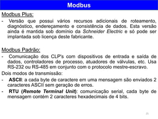 25
Modbus
Modbus Plus:
- Versão que possui vários recursos adicionais de roteamento,
diagnóstico, endereçamento e consistência de dados. Esta versão
ainda é mantida sob domínio da Schneider Electric e só pode ser
implantada sob licença deste fabricante.
Modbus Padrão:
- Comunicação dos CLP's com dispositivos de entrada e saída de
dados, controladores de processo, atuadores de válvulas, etc. Usa
RS-232 ou RS-485 em conjunto com o protocolo mestre-escravo.
Dois modos de transmissão:
- ASCII: a cada byte de caractere em uma mensagem são enviados 2
caracteres ASCII sem geração de erros.
- RTU (Remote Terminal Unit): comunicação serial, cada byte de
mensagem contém 2 caracteres hexadecimais de 4 bits.
 