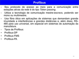 29
Profibus
- Seu protocolo de acesso ao meio para a comunicação entre
estações ativas da rede é do tipo Token passing.
- Utiliza a tecnologia de comunicação mestre-escravo, podendo ser
mono ou multimestre.
- Usa fibra ótica em aplicações de sistemas que demandam grande
imunidade a interferências e grandes distâncias e, além disso, RS-
485 para uso universal, em especial em sistemas de automação da
manufatura.
- Tipos de Profibus:
• Profibus-DP
• Profibus-FMS
• Profibus-PA
 