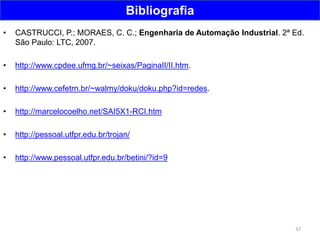 37
Bibliografia
• CASTRUCCI, P.; MORAES, C. C.; Engenharia de Automação Industrial. 2ª Ed.
São Paulo: LTC, 2007.
• http://www.cpdee.ufmg.br/~seixas/PaginaII/II.htm.
• http://www.cefetrn.br/~walmy/doku/doku.php?id=redes.
• http://marcelocoelho.net/SAI5X1-RCI.htm
• http://pessoal.utfpr.edu.br/trojan/
• http://www.pessoal.utfpr.edu.br/betini/?id=9
 