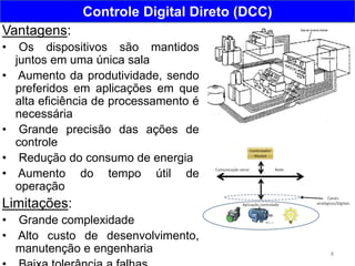 8
Controle Digital Direto (DCC)
Vantagens:
• Os dispositivos são mantidos
juntos em uma única sala
• Aumento da produtividade, sendo
preferidos em aplicações em que
alta eficiência de processamento é
necessária
• Grande precisão das ações de
controle
• Redução do consumo de energia
• Aumento do tempo útil de
operação
Limitações:
• Grande complexidade
• Alto custo de desenvolvimento,
manutenção e engenharia
 