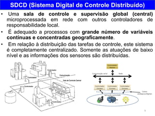 9
SDCD (Sistema Digital de Controle Distribuído)
• Uma sala de controle e supervisão global (central)
microprocessada em rede com outros controladores de
responsabilidade local.
• É adequado a processos com grande número de variáveis
contínuas e concentradas geograficamente.
• Em relação à distribuição das tarefas de controle, este sistema
é completamente centralizado. Somente as atuações de baixo
nível e as informações dos sensores são distribuídas.
 
