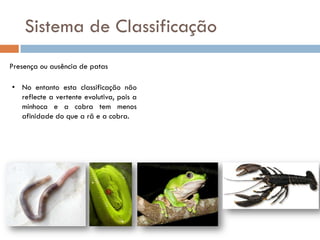 Sistema de Classificação
Presença ou ausência de patas

• No entanto esta classificação não
  reflecte a vertente evolutiva, pois a
  minhoca e a cobra tem menos
  afinidade do que a rã e a cobra.
 