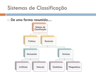 Sistemas de Classificação
   De uma forma resumida…
                             Sistema de
                            Classificação




                      Práticas              Racionais




                  Horizontais                                 Verticais




        Artificiais              Naturais           Cladisticas      Filogenéticas
 