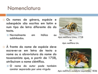 Nomenclatura
   Os nomes de género, espécie e
    subespécie são escritos em latim e
    num tipo de letra diferente da do
    texto.
       Normalmente    em    itálico   ou
                                            Apis mellifera Lineu, 1758
        sublinhados.
                                                         ou
                                                Apis mellifera Lin.
   À frente do nome de espécie deve
    escrever-se em letra de texto o
    nome ou a abreviatura do nome do
    taxonomista que, a partir de 1758,
    atribuíram o nome ciéntífico.
       O nome do autor pode também
        constar separado por uma vírgula
                                            Apis mellifera scutellata Lepeletier, 1836
 