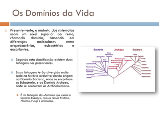 Os Domínios da Vida
   Presentemente, a maioria dos sistematas
    usam um nível superior ao reino,
    chamado domínio, baseado em
    diferenças      moleculares       entre
    arquebactérias,     eubactérias       e
    eucariontes.

       Segundo esta classificação existem duas
        linhagens nos procariontes.

       Essas linhagens terão divergido muito
        cedo na história evolutiva dando origem
        ao Domínio Bacteria, onde se encontram
        as Eubacteria, e ao Domínio Archaea,
        onde se encontram as Archaebcateria.

           É da linhagem das Archaea que evolui o
            Domínio Eukarya, com os reinos Protista,
            Plantae, Fungi e Animalea.
 