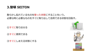 3.整頓 SEITON
散らかし乱れているものを整った状態にすることをいう。
必要な時に必要なものをすぐに取り出して活用できる状態を目指す。
①すぐに取り出せる
②すぐに使用できる
③すぐにしまえる状態にする
 