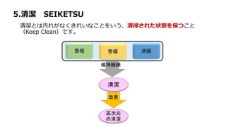 5.清潔 SEIKETSU
清潔とは汚れがなくきれいなことをいう、清掃された状態を保つこと
（Keep Clean）です。
 