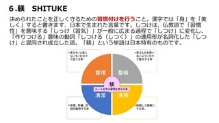６.躾 SHITUKE
決められたことを正しく守るための習慣付けを行うこと。漢字では「身」を「美
しく」すると書きます、日本で生まれた言葉です。しつけは、仏教語で「習慣
性」を意味する「しっけ（習気）」が一般に広まる過程で「しつけ」に変化し、
「作りつける」意味の動詞「しつける（しつく）」の連用形が名詞化した「しつ
け」と混同され成立した語。「躾」という単語は日本特有のものです。
 