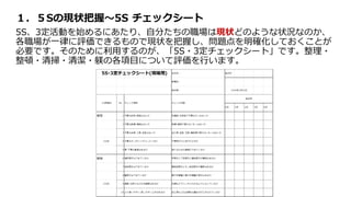 １．５Sの現状把握～5S チェックシート
5S、3定活動を始めるにあたり、自分たちの職場は現状どのような状況なのか、
各職場が一律に評価できるもので現状を把握し、問題点を明確化しておくことが
必要です。そのために利用するのが、「5S・3定チェックシート」です。整理・
整頓・清掃・清潔・躾の各項目について評価を行います。
 