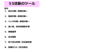 ５S活動のツール
目次
１．赤札作戦～整理対策～
２．看板作戦～整頓対策～
３．ペンキ作戦～整頓対策～
４．迷い箱、遊休設備置き場
５．廃棄基準
６．定点撮影
７．目で見る管理～定位置管理
８．設備の５S（自主保全）
 