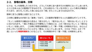 2-2. 整理の基準、分類
ヒトは、モノを整理したつもりでも、どうしても単に並べ直すだけの整列になってしまいます。
とくに日本人はこの整理が下手なのです。これは昔から「モノを大切に」という教えが徹底せ
れており、またモノに対して思い出などの「情」が入ってしまうためなのです。
簡単に言うと整理とは捨てることです。
この時に重要なのが捨てる「基準」であり、この基準が整理でもっとも重要なポイントです。
「モノ」は使用する観点から見ると「使えるモノ」「使えないモノ」「使わないモノ」と３つ
に分けられます。一般に不要品とか不要物という場合には、この「使えないモノ」と「使わな
いモノ」を指します。 この時に時間を無制限にして「要・不要」の判断をすると、ほとんど
のモノがいつか使うということから「要る」になってしまいます。コツは「今日」とか「今
週」といった時間的制約をつけることで、その時間の中で「要・不要」の判断をします。
時間的制約
 