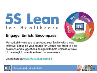 Engage. Enrich. Encompass.
MarketLab invites you to surround your facility with a new
initiative. Let us be your source for Unique and Hard-to-Find
solutions and suggestions designed to help unleash a wave
of meaningful patient-centered improvements.

Learn more at www.MarketLab.com/5S


                                                                15
 