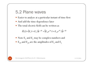 5.2 Plane waves
Easier to analyze at a particular instant of time first
And add the time dependence later
The total electric field can be written as
( ) ( ) ( ) zjj
y
j
x
zj
yx eyeExeEeyExEzE yx βφφβ −−
+=+= ˆˆˆˆ 00
r
3/19/2014Electromagnetic FieldTheory by R. S. Kshetrimayum14
Note Ex and Ey may be complex numbers and
Ex0 and Ey0 are the amplitudes of Ex and Ey
( ) ( ) ( )yxyx eyeExeEeyExEzE 00
 