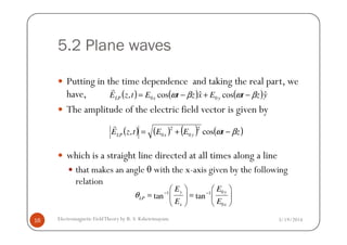 5.2 Plane waves
Putting in the time dependence and taking the real part, we
have,
The amplitude of the electric field vector is given by
( ) ( ) ( )yztExztEtzE yxLP
ˆcosˆcos, 00 βωβω −+−=
r
3/19/2014Electromagnetic FieldTheory by R. S. Kshetrimayum16
which is a straight line directed at all times along a line
that makes an angle θ with the x-axis given by the following
relation
01 1
0
tan tan
y y
LP
x x
E E
E E
θ − −
   
= =   
   
( ) ( ) ( ) ( )ztEEtzE yxLP βω −+= cos,
2
0
2
0
r
 