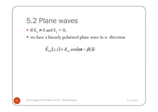 5.2 Plane waves
If Ex ≠ 0 and Ey = 0,
we have a linearly polarized plane wave in x- direction
( ) ( )xztEtzE oxLP
ˆcos, βω −=
r
3/19/2014Electromagnetic FieldTheory by R. S. Kshetrimayum17
 