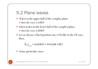 5.2 Plane waves
If φ is in the upper half of the complex plane
then the wave is LHEP
whereas φ is in the lower half of the complex plane,
then the wave is RHEP
Let us choose a fixed position (say z=0) like in the CP case,
3/19/2014Electromagnetic FieldTheory by R. S. Kshetrimayum25
Let us choose a fixed position (say z=0) like in the CP case,
then,
Some particular cases:
( ) ( )0
ˆ ˆcos cosEP z
E t x A t yω ω φ
=
= + +
r
 