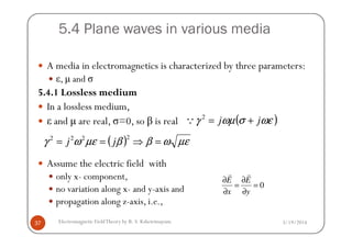 5.4 Plane waves in various media
A media in electromagnetics is characterized by three parameters:
ε, µ and σ
5.4.1 Lossless medium
In a lossless medium,
ε and µ are real, σ=0, so β is real ( )ωεσωµγ jj +=2
Q
3/19/2014Electromagnetic FieldTheory by R. S. Kshetrimayum37
ε and µ are real, σ=0, so β is real
Assume the electric field with
only x- component,
no variation along x- and y-axis and
propagation along z-axis, i.e.,
0
E E
x y
∂ ∂
= =
∂ ∂
r r
( )ωεσωµγ jj +=Q
( ) µεωββµεωγ =⇒==
2222
jj
 
