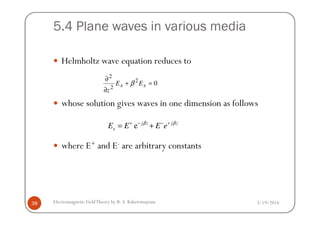 5.4 Plane waves in various media
Helmholtz wave equation reduces to
whose solution gives waves in one dimension as follows
02
2
2
=+
∂
∂
xx EE
z
β
3/19/2014Electromagnetic FieldTheory by R. S. Kshetrimayum38
where E+ and E- are arbitrary constants
e j z j z
xE E E eβ β+ − − +
= +
 