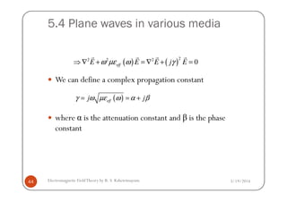 5.4 Plane waves in various media
We can define a complex propagation constant
( ) ( )
22 2 2
0effE E E j Eω µε ω γ⇒ ∇ + = ∇ + =
r r r r
( )effj jγ ω µε ω α β= = +
3/19/2014Electromagnetic FieldTheory by R. S. Kshetrimayum44
where α is the attenuation constant and β is the phase
constant
( )effj jγ ω µε ω α β= = +
 