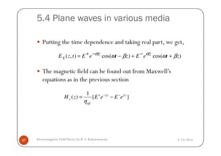 5.4 Plane waves in various media
Putting the time dependence and taking real part, we get,
The magnetic field can be found out from Maxwell’s
equations as in the previous section
)cos()cos(),( zteEzteEtzE zz
x βωβω αα ++−= −−+
3/19/2014Electromagnetic FieldTheory by R. S. Kshetrimayum47
equations as in the previous section
1
( ) [ ]z z
y
eff
H z E e E eγ γ
η
+ − −
= −
 