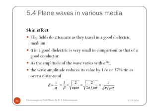 5.4 Plane waves in various media
Skin effect
The fields do attenuate as they travel in a good dielectric
medium
α in a good dielectric is very small in comparison to that of a
good conductor
3/19/2014Electromagnetic FieldTheory by R. S. Kshetrimayum51
good conductor
As the amplitude of the wave varies with e-αz,
the wave amplitude reduces its value by 1/e or 37% times
over a distance of
1
δ
α
=
1 2 2 1
2 f fβ ωµσ π µσ π µσ
= = = =
 